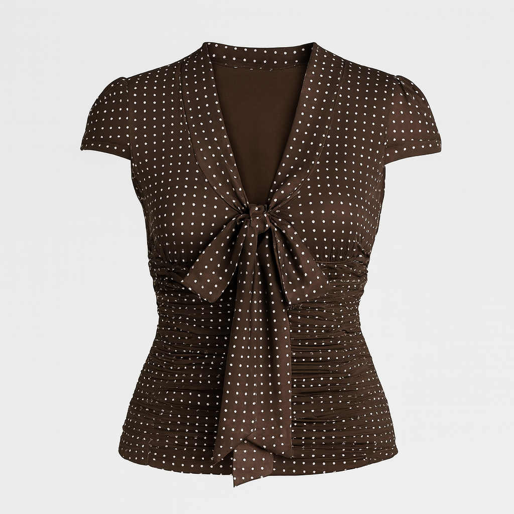 Brown satin polka dot fitted blouse with ruched sides, short sleeves, and front tie neckline, styled for an elegant yet playful look