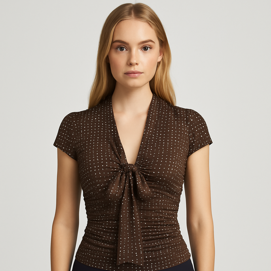 Brown satin polka dot fitted blouse with ruched sides, short sleeves, and front tie neckline, styled for an elegant yet playful look