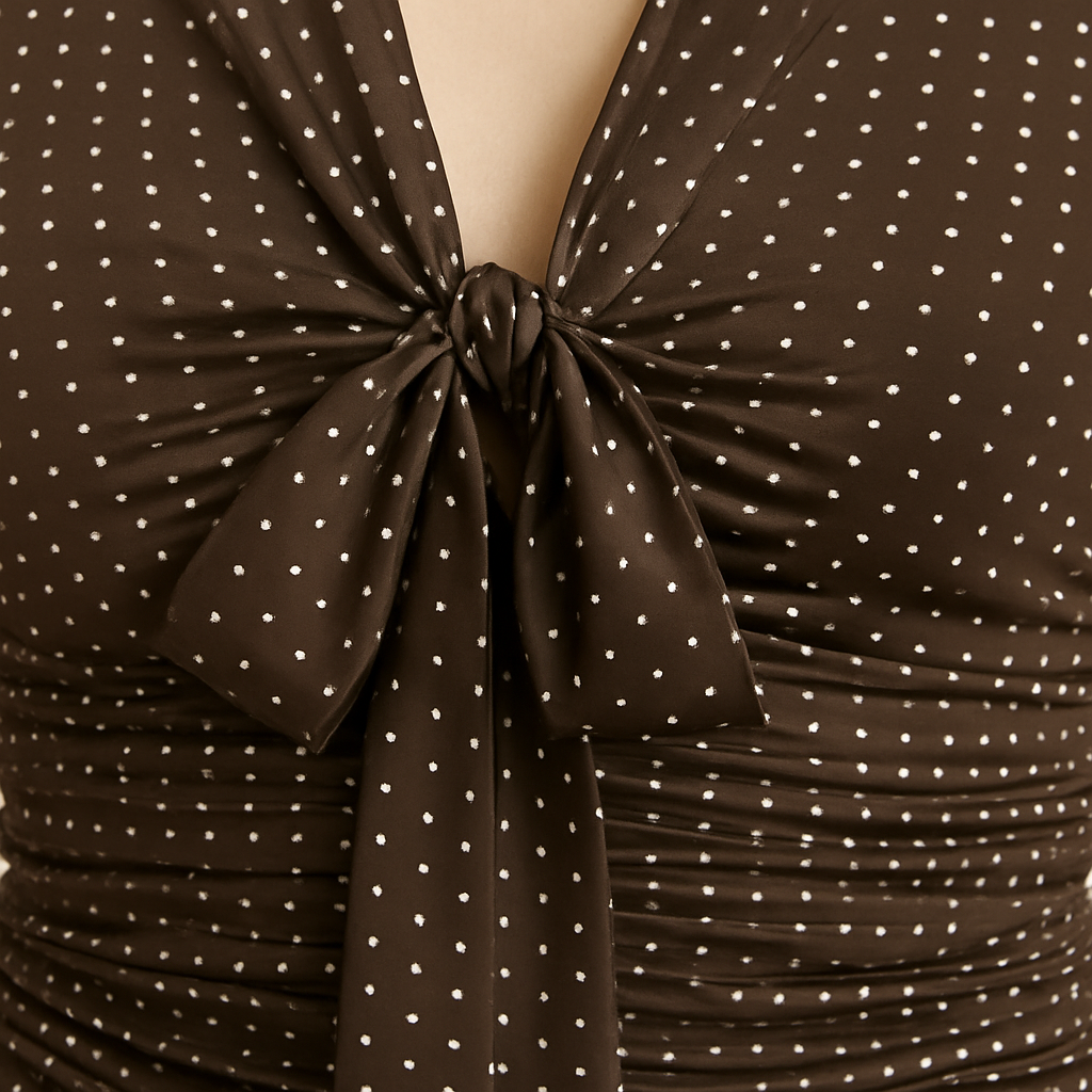 Brown satin polka dot fitted blouse with ruched sides, short sleeves, and front tie neckline, styled for an elegant yet playful look
