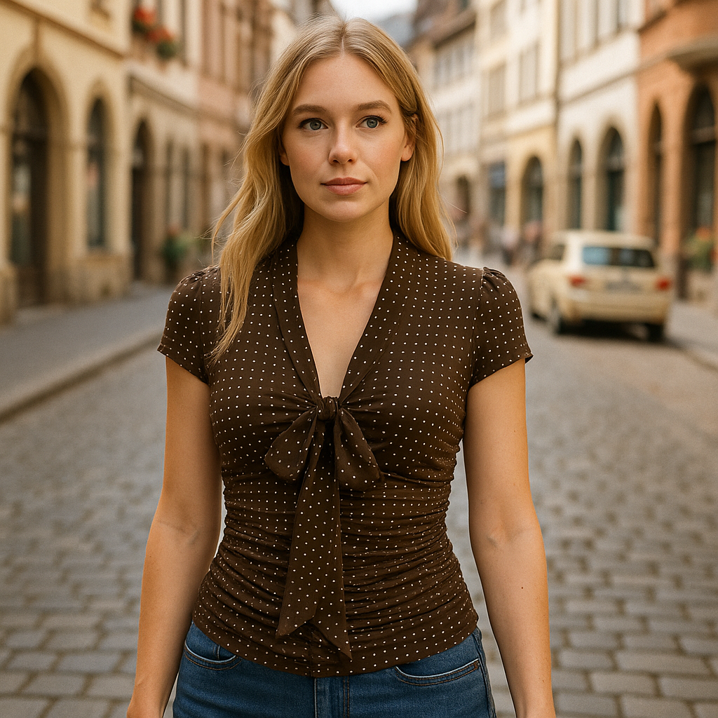 Brown satin polka dot fitted blouse with ruched sides, short sleeves, and front tie neckline, styled for an elegant yet playful look